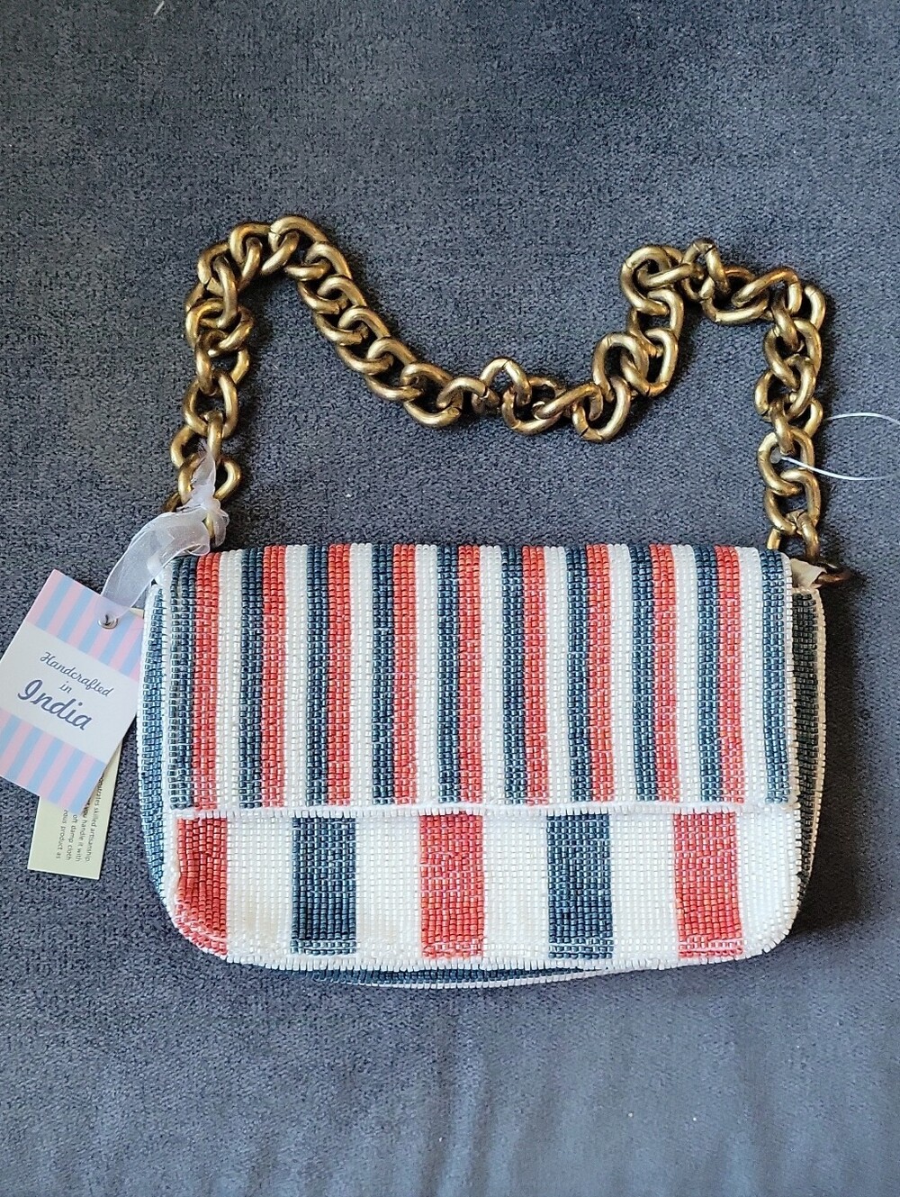 Viral Handcrafted Beaded Stripe Shoulder Bag W. Chain Strap Red White & Blue